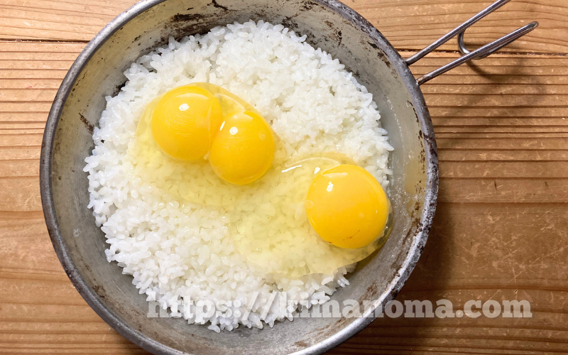 シェラカップで食べるネラの双子卵と通常の卵の卵ごはん